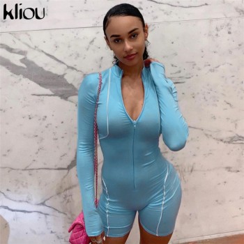 Kliou women fashion playsuit full sleeve zipper fly reflective striped patchwork rompers 2019 female elastic skinny bodysuits